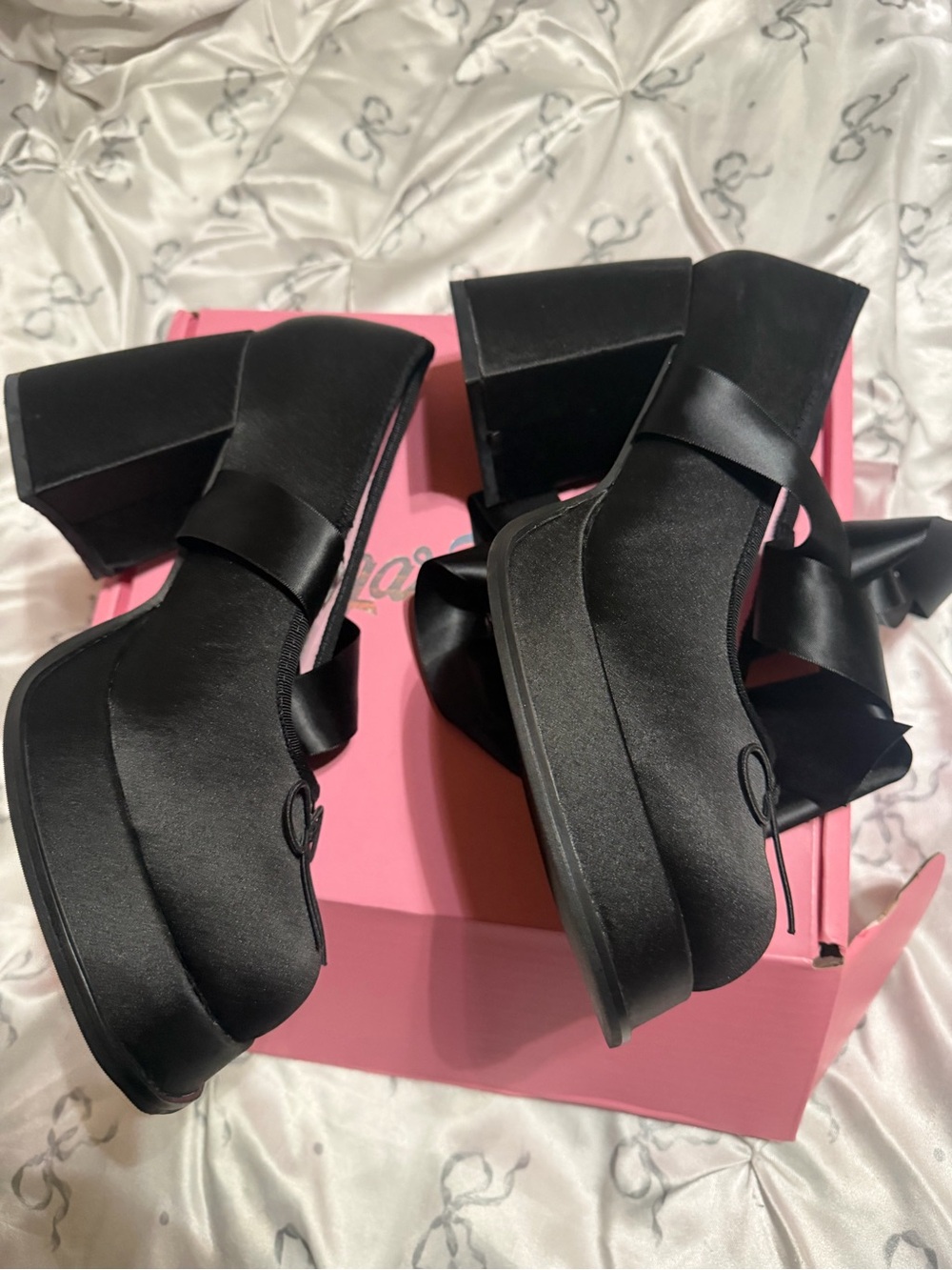 Dolls Kill Black Satin Platform Mary Jane Pumps with Ribbon Wrap - Picture 3 of 6